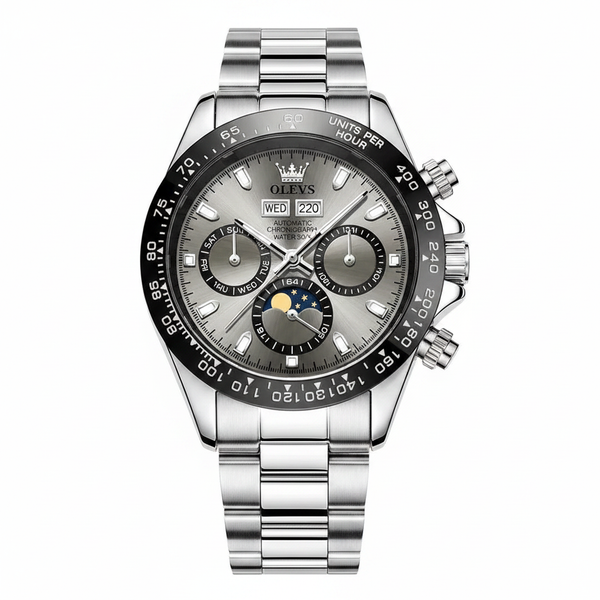 Montre chronographe homme OLEVS Cannes grise et argentée vue de face