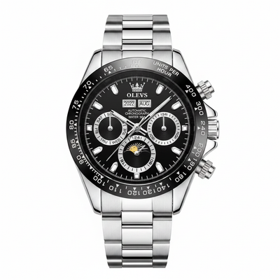 Montre chronographe homme OLEVS Cannes noire et argentée vue de face