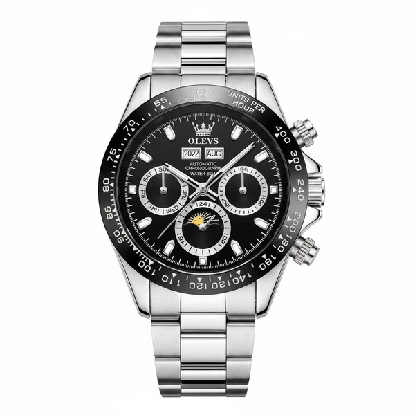 Montre chronographe homme OLEVS Cannes noire et argentée vue de face