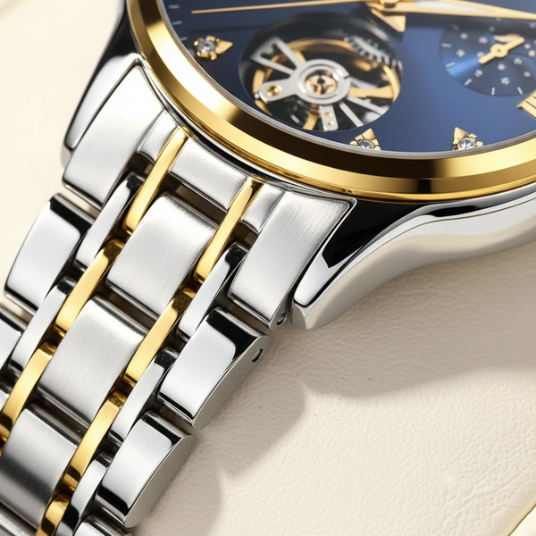 Détail du boîtier doré et du bracelet acier bicolore de la montre OLEVS Charlotte
