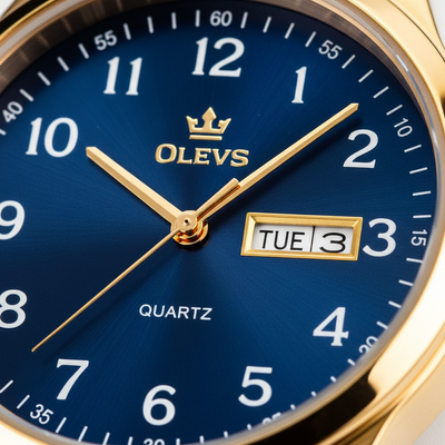 Gros plan sur le cadran bleu de la montre Olevs Colette avec chiffres arabes et guichet jour-date