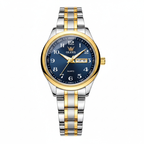 Montre femme Olevs Colette bleue avec bracelet acier bicolore, vue de face sur fond blanc