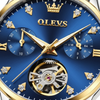 Gros plan sur le cadran bleu multifonction et le cœur ouvert de la montre OLEVS Charlotte