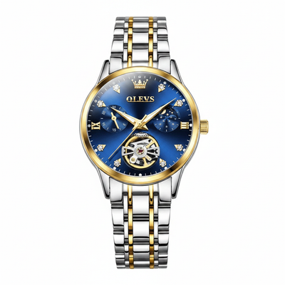 Montre femme OLEVS Charlotte bleue avec bracelet acier bicolore sur fond blanc