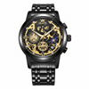 Montre homme Olevs Le Mans noire et dorée avec bracelet acier, vue de face sur fond blanc