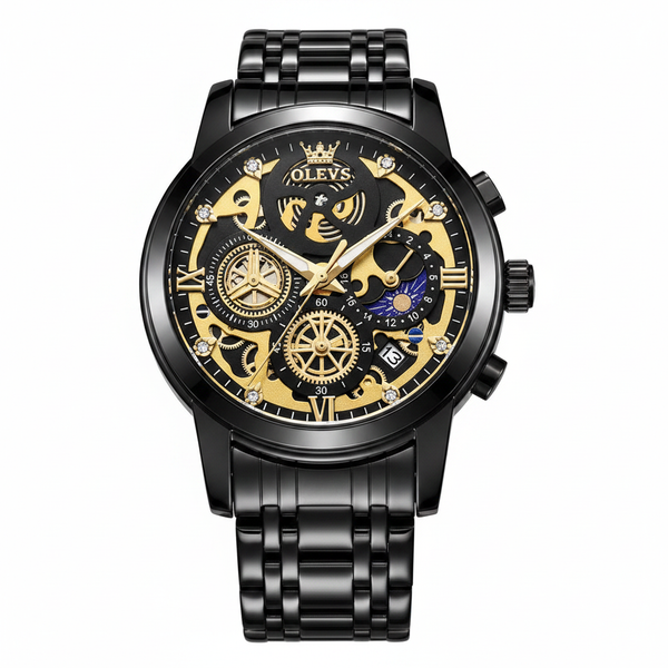 Montre homme Olevs Le Mans noire et dorée avec bracelet acier, vue de face sur fond blanc