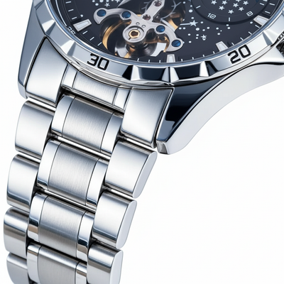 Détail du boîtier argenté et du bracelet acier de la montre Olevs Tours