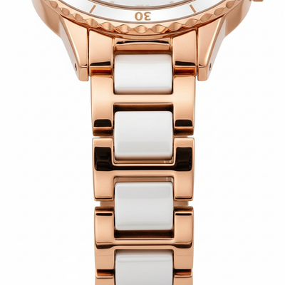 Détail du bracelet blanc et doré rose de la montre Olevs Margot