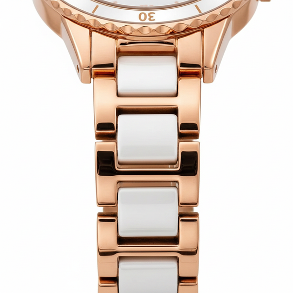 Détail du bracelet blanc et doré rose de la montre Olevs Margot