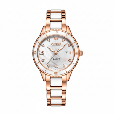 Montre femme Olevs Margot blanche à finitions dorées rose, vue de face sur fond blanc