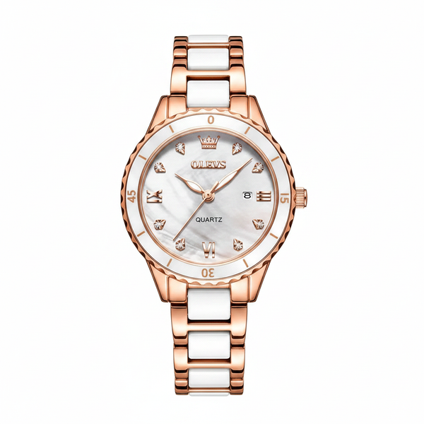 Montre femme Olevs Margot blanche à finitions dorées rose, vue de face sur fond blanc
