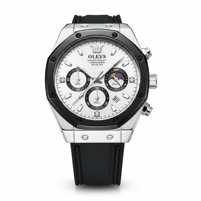 Olevs Menton Montre Homme Chronographe Blanche Argentée Fond Blanc Bracelet Silicone Quartz 42mm
