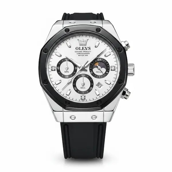 Olevs Menton Montre Homme Chronographe Blanche Argentée Fond Blanc Bracelet Silicone Quartz 42mm