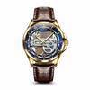 Montre mécanique homme OLEVS Lyon bleue avec bracelet en cuir brun sur fond blanc