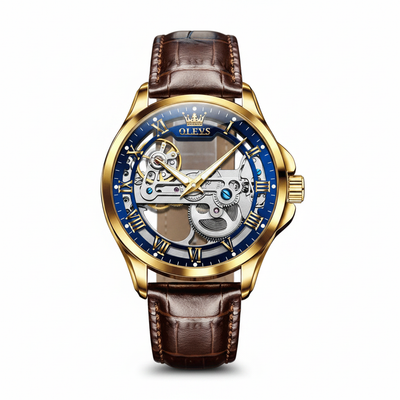 Montre mécanique homme OLEVS Lyon bleue avec bracelet en cuir brun sur fond blanc