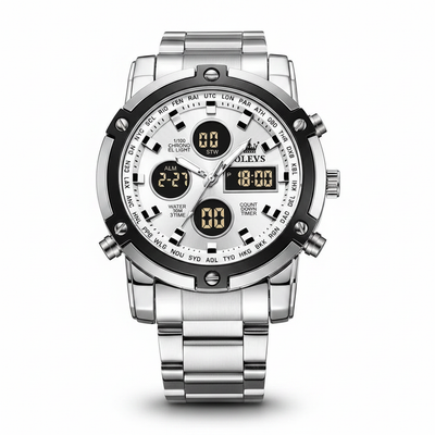 Montre homme Olevs Toulon argentée analogique et numérique avec bracelet acier, vue de face