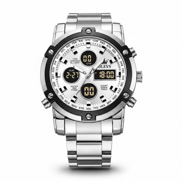 Montre homme Olevs Toulon argentée analogique et numérique avec bracelet acier, vue de face