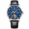 Montre OLEVS Tours noire et bleue pour homme avec cadran bleu et bracelet en cuir noir