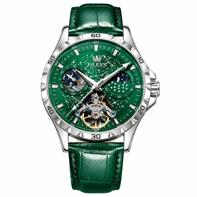 Montre OLEVS Tours verte pour homme avec cadran vert et bracelet en cuir vert